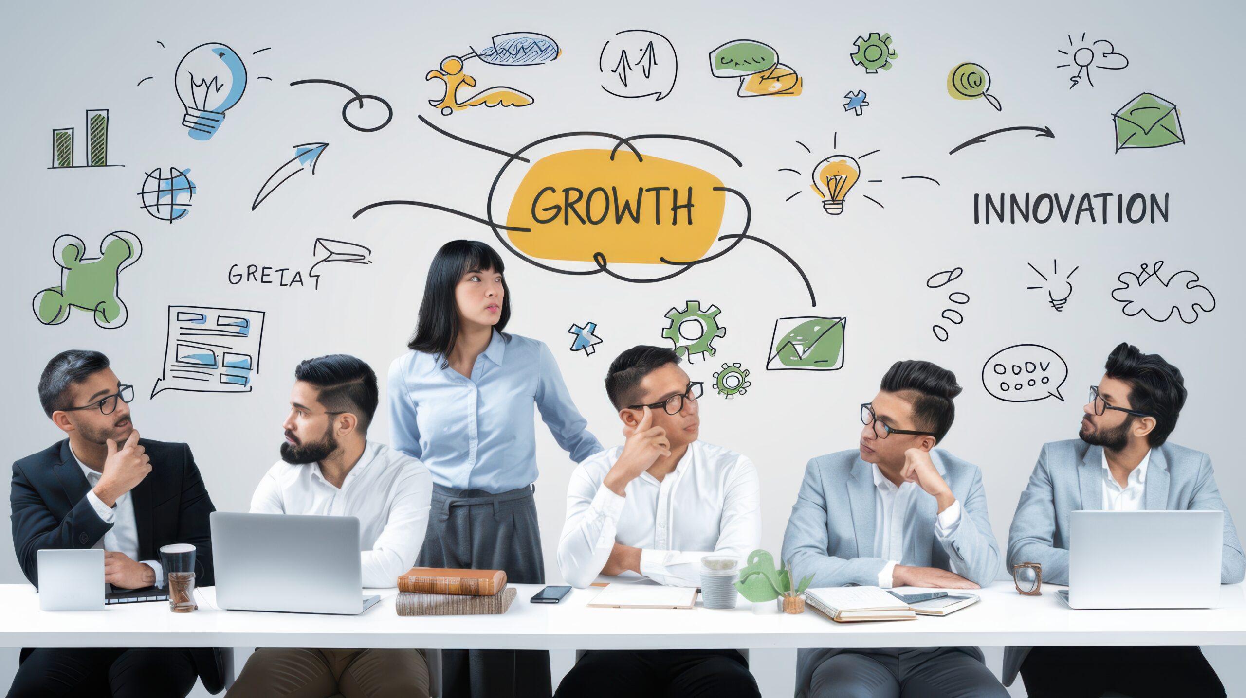 A diverse team engages in a business meeting in a sleek office setting, brainstorming ideas related to growth and innovation, highlighting collaboration and strategy.